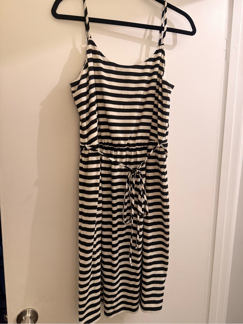 Black & White Striped, Waist Defined with Tie Spaghetti Strap Dress